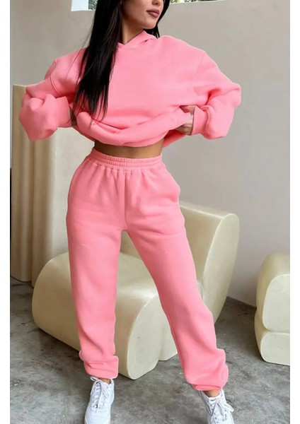 Pembe Kadın Oversize Geniş 3 Iplik Polarlı Şardonlu %100 Pamuk Kapüşonlu Eşofman Takımı