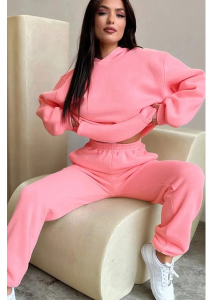 Pembe Kadın Oversize Geniş 3 Iplik Polarlı Şardonlu %100 Pamuk Kapüşonlu Eşofman Takımı