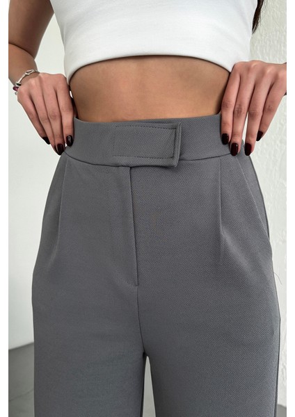 Kadın Gri Yüksek Bel Likralı Esnek Cırt Kapamalı Pileli Rahat Kalıp Palazzo Pantolon modelleri