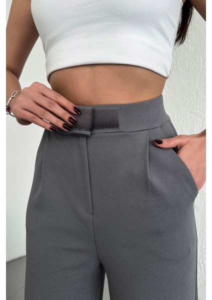Kadın Gri Yüksek Bel Likralı Esnek Cırt Kapamalı Pileli Rahat Kalıp Palazzo Pantolon fırsatları