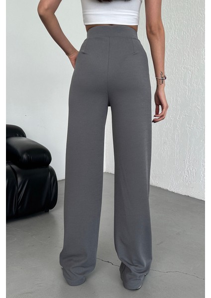 Kadın Gri Yüksek Bel Likralı Esnek Cırt Kapamalı Pileli Rahat Kalıp Palazzo Pantolon indirimleri