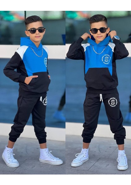 Çoçuk Likralı Eşofman Takımı Kapüşonlu Enjeksiyon Baskı Detaylı 2 Li Alt-Üst Takım