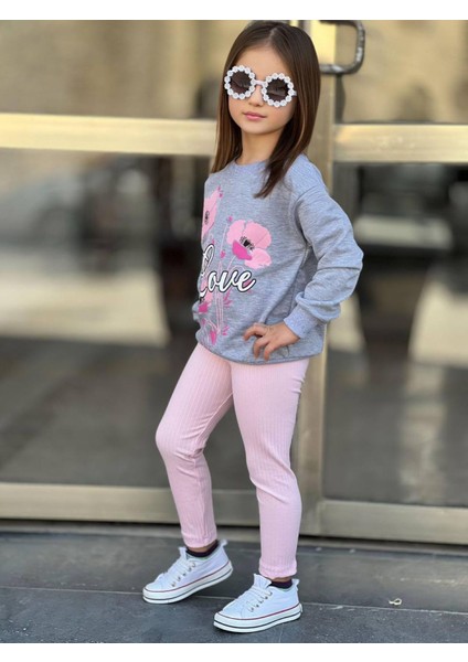 Kız Çocuk Eşofman Takımı Pembe Renk Love Çiçek Baskı Fitilli Detaylı Alt Üst Takım fiyatları