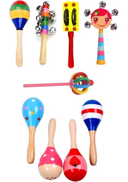 Renkli Ahşap 9 Adet Marakas Seti, Eğlenceli ve Doğal Sesler, Çocuklar İçin Keyifli Oyun