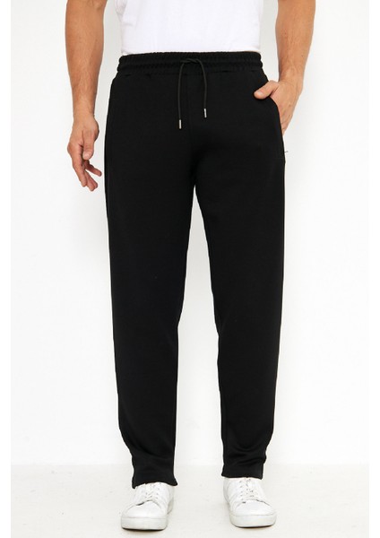 Erkek Siyah Düz Paça Fermuarlı Cepli Beli Lastikli Yüksek Bel Modal Scuba Spor Eşofman Altı EDY0010S