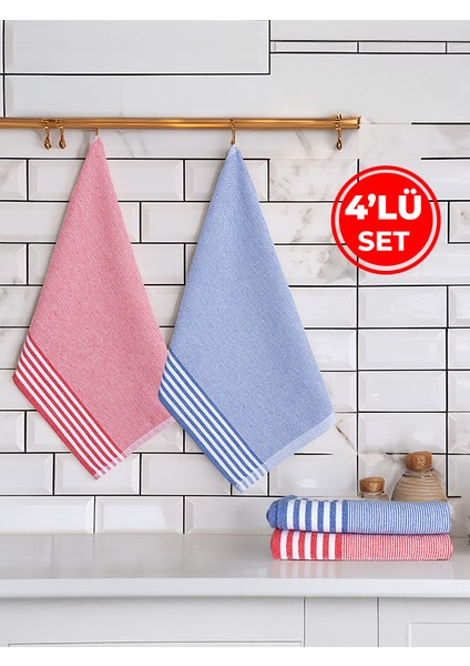 Zena Çizgili 4'lü Set Leke Tutmaz Mutfak Kurulama Bezi, Servis Havlusu Kırmızı - Mavi 47 x 70 cm
