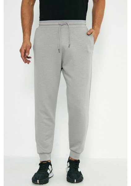 Erkek Gri Ribana Paça Cepli Beli Lastikli Yüksek Bel Modal Scuba Spor Eşofman Altı EDY0020G