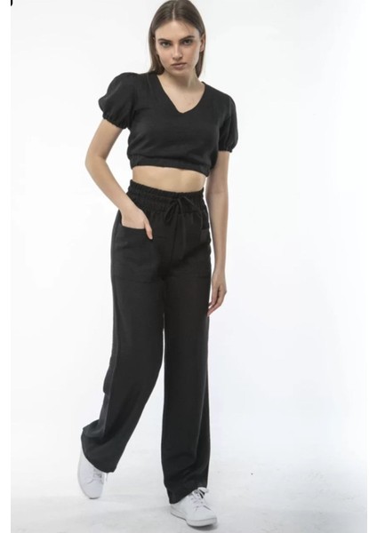 Kadın Keten Pantalon Ve Crop Takım - Siyah