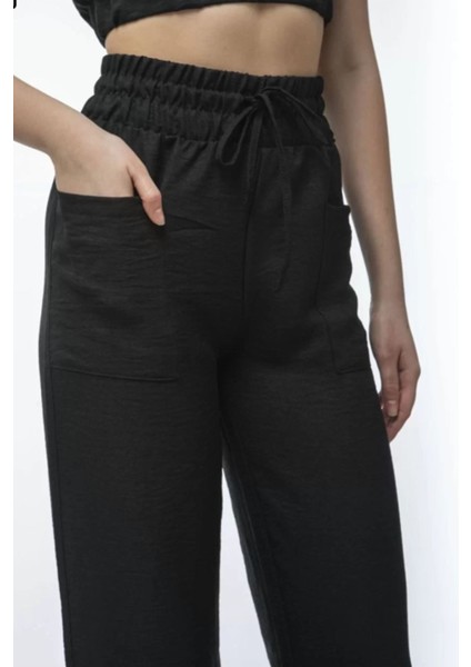 Kadın Keten Pantalon Ve Crop Takım - Siyah