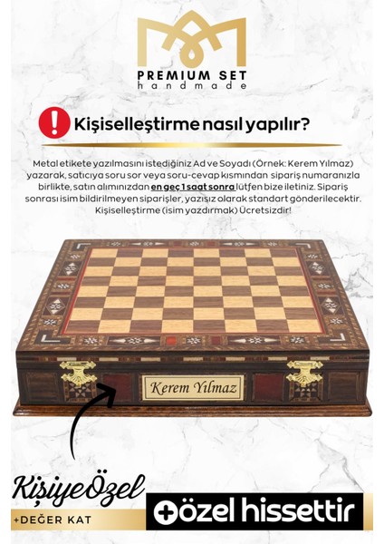 30cm Masif Ahşap Ceviz Satranç Takımı, Metal Kutulu, Altın-Gümüş Detaylar, TR Menşei