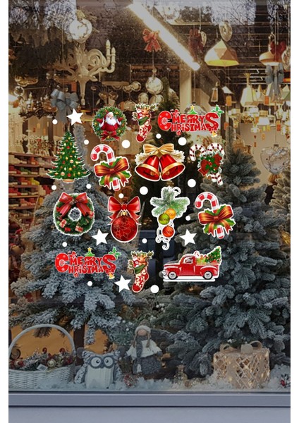 Yeni Yıla Özel Renkli Farklı Farklı Yılbaşı Süslemeleri ve Kar Tanesi Stickerları 45X45CM