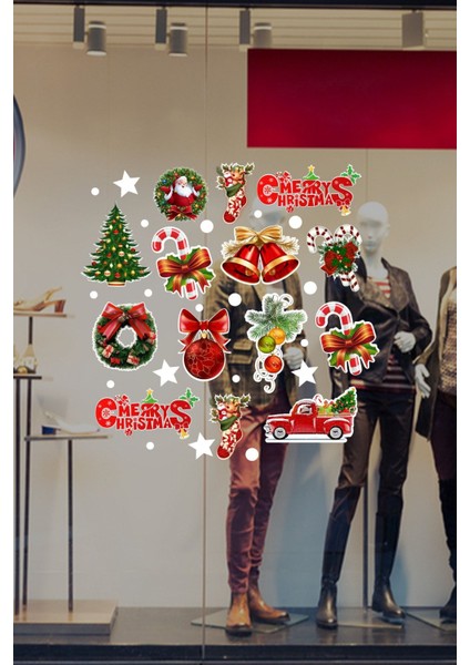 Yeni Yıla Özel Renkli Farklı Farklı Yılbaşı Süslemeleri ve Kar Tanesi Stickerları 45X45CM fiyatları