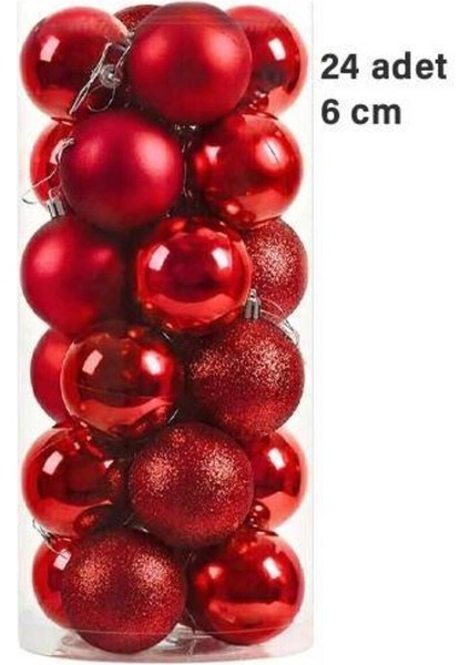 Kırmızı Yılbaşı Topu Simli - Parlak Mat 24 Adet 6 cm