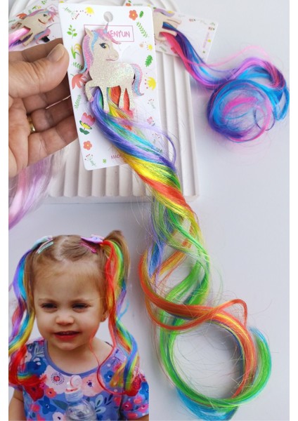 Unicorn Figürlü Renkli Pens Yapay Saç Postiş