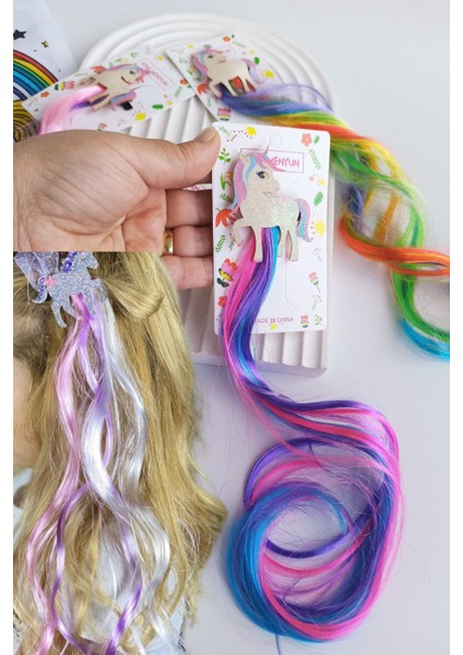 Unicorn Figürlü Renkli Pens Yapay Saç Postiş