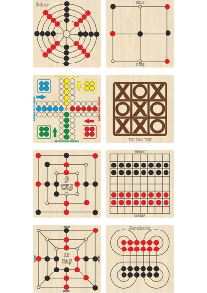 Ahşap Oyun Seti 8 Li, Kızma Birader+Dama+3 Taş+9 Taş+12 Taş+Bihar+Surakarta+Tic-Tac-Toe