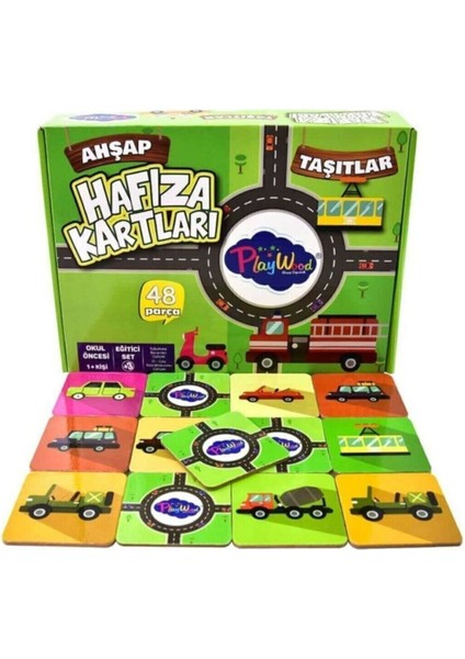 Renkli Ahşap Taşıtlar ve Hafıza Kartları, 48 Parça, Eğitici Oyun Seti, 3+ yaş