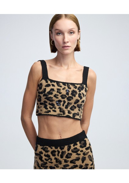 Leopar jakarlı ve işlemeli triko IW6240050303027
