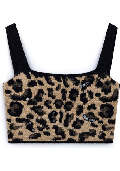 Leopar jakarlı ve işlemeli triko IW6240050303027