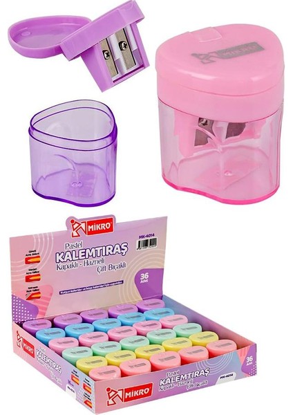 Kalemtıraş Çift Bıçaklı Hazneli 6 Renk 1 Paket MK-4014 Pastel Renkler Iki Bıçaklı Jumbo Kalemtraş Kalem Açaçagı Plastik