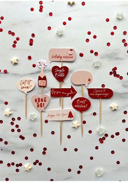 2024 Yılbaşı Temalı 10'lu Minik Cupcake Topper - Yeniyıl Partisi Kek Konuşma Balonu Çubukları Seti