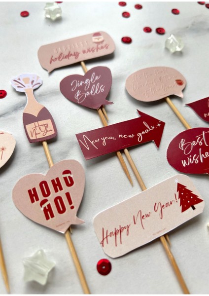 2024 Yılbaşı Temalı 10'lu Minik Cupcake Topper - Yeniyıl Partisi Kek Konuşma Balonu Çubukları Seti