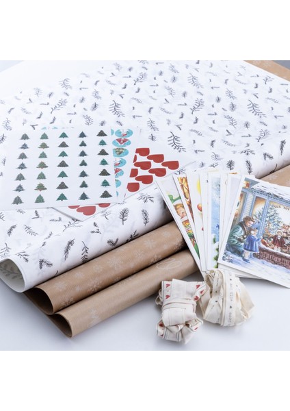 30 Parça Yılbaşı Süsü ve Hediye Sepeti (Kartpostallar Paket Kağıtları Stickerlar Pamuk Şeritler)