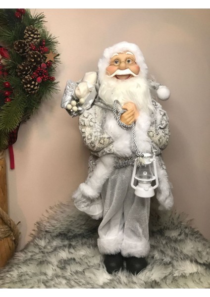 Yılbaşı Noel Baba Peluş Figür 30 cm Beyaz Eli Lambalı