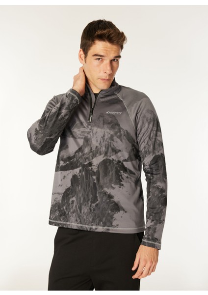 Antrasit Erkek Fermuarlı Yaka Basic Fit Desenli Uzun Kollu T-Shirt D4WM-TST3998