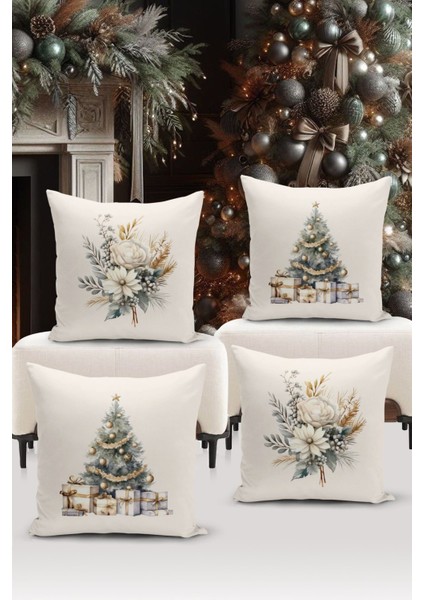 Yılbaşı Temalı 4'lü Mikro Petek Kırlent Kılıfı Seti, Ekru, Çift Taraflı, Dijital Baskılı