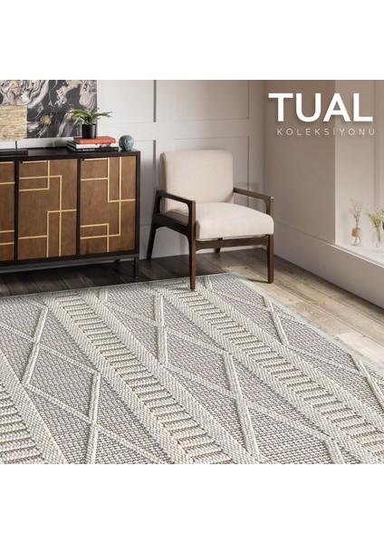 Tual Koleksiyonu Modern Saçaklı Halı 8404 Krem