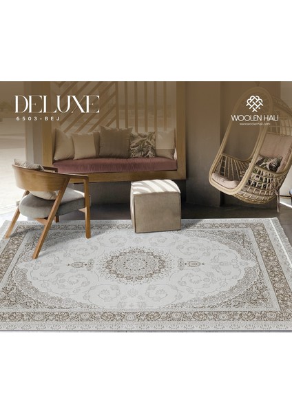 Deluxe Koleksiyonu Viskon Akrilik Dokuma Lüks Saçaklı Halı 6503 Bej