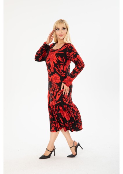 Büyük Beden Midi Boy Kare Yaka Fırfırlı Viskon Penye Elbise fiyatları