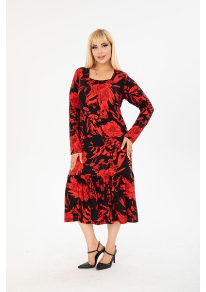 Büyük Beden Midi Boy Kare Yaka Fırfırlı Viskon Penye Elbise modelleri