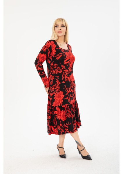 Büyük Beden Midi Boy Kare Yaka Fırfırlı Viskon Penye Elbise fırsatları