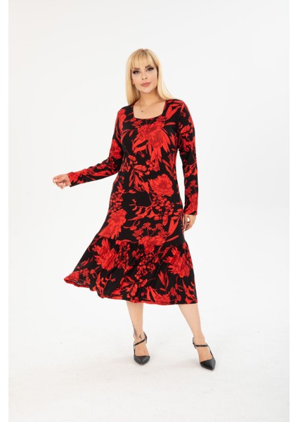 Büyük Beden Midi Boy Kare Yaka Fırfırlı Viskon Penye Elbise indirimleri