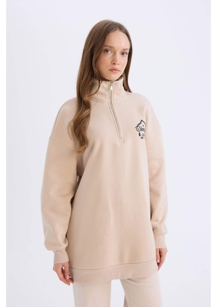Relax Fit Yarım Fermuarlı Dik Yaka Baskılı İçi Yumuşak Tüylü Kalın Sweatshirt Tunik modelleri