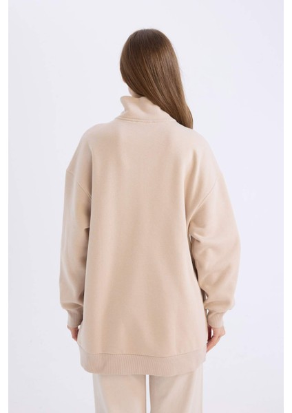 Relax Fit Yarım Fermuarlı Dik Yaka Baskılı İçi Yumuşak Tüylü Kalın Sweatshirt Tunik indirimleri