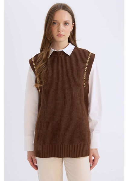 Yarım Balıkçı Yaka Basic Düz Yan Yırtmaçlı Triko Süveter D5022AX24AU