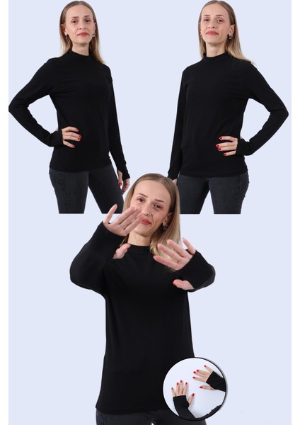 Kadın Balıkçı Yaka Uzun Kollu Parmak Detaylı 3lü Atlet Seti