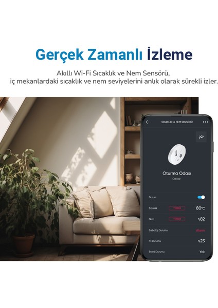 Akıllı Wi-Fi Sıcaklık ve Nem Sensörü, Gerçek Zamanlı Sıcaklık ve Nem Verileri, Yüksek Hassasiyet Uygulama Üzerinden Anında Bildirim