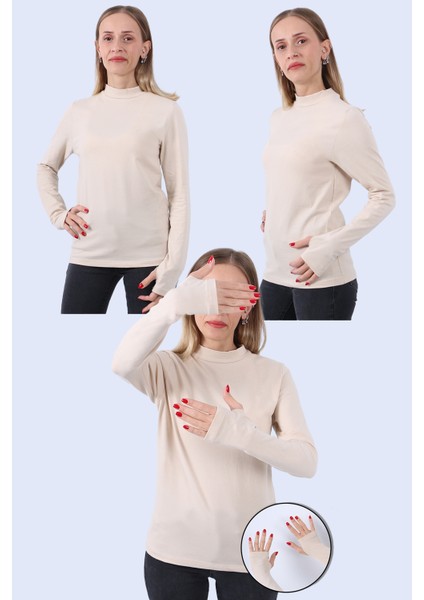 Kadın Balıkçı Yaka Uzun Kollu Parmak Detaylı 3lü Atlet Seti