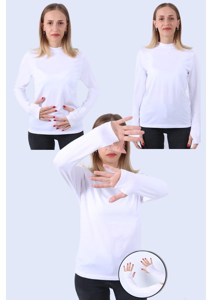 Kadın Balıkçı Yaka Uzun Kollu Parmak Detaylı 3lü Atlet Seti