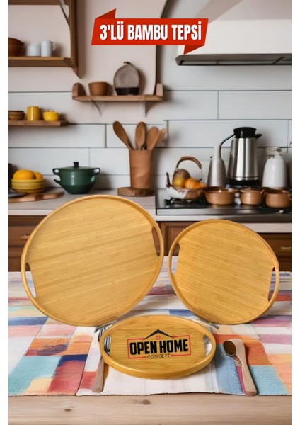 3'lü Bambu Oval Tepsi, Servis Tepsileri, Iskandinav Tepsi Seti, Çay Tepsisiı