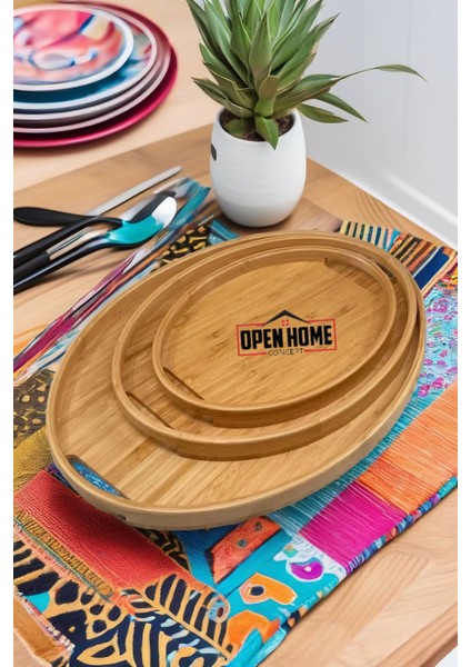 3'lü Bambu Oval Tepsi, Servis Tepsileri, Iskandinav Tepsi Seti, Çay Tepsisiı