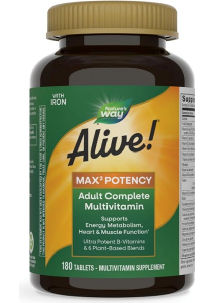 Nature's Way Alive! Max3 Potency Adult Complete Multivitamin, Ultra Potency B-Vitamins To Support Energy Metabolism*, With Methylated B12 And Folate, 180 Tablets