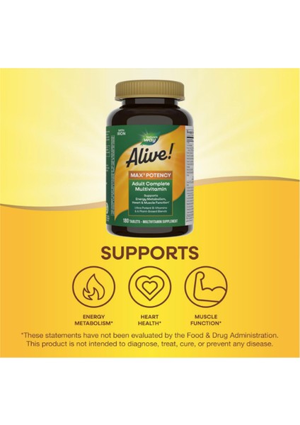 Nature's Way Alive! Max3 Potency Adult Complete Multivitamin, Ultra Potency B-Vitamins To Support Energy Metabolism*, With Methylated B12 And Folate, 180 Tablets