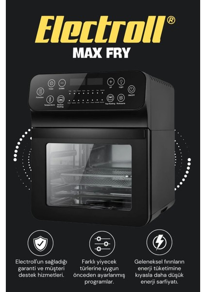Maxfry 15L Akıllı Yağsız Fritöz Kızartma, Fırınlama, Kurutucu Bir Arada, Programlanabilir Airfryer