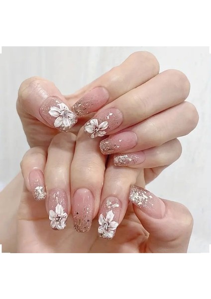 Kadın Jel Nail Art Çiçek Baskılı Design Badem Küt Takma Tırnak