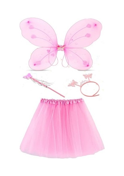 Toz Pembe Kelebek Kostümü ve Aksesuar Seti 4 Parça